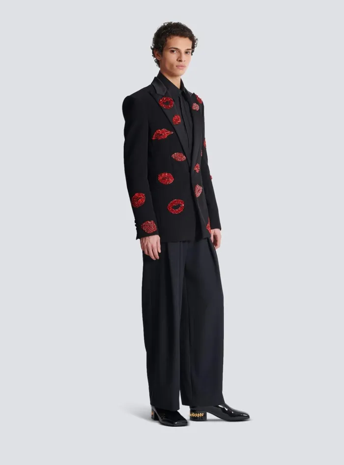 Crepe 1button Jacket With Kiss Embroidery Black Men Balmain Jackets And Blazers