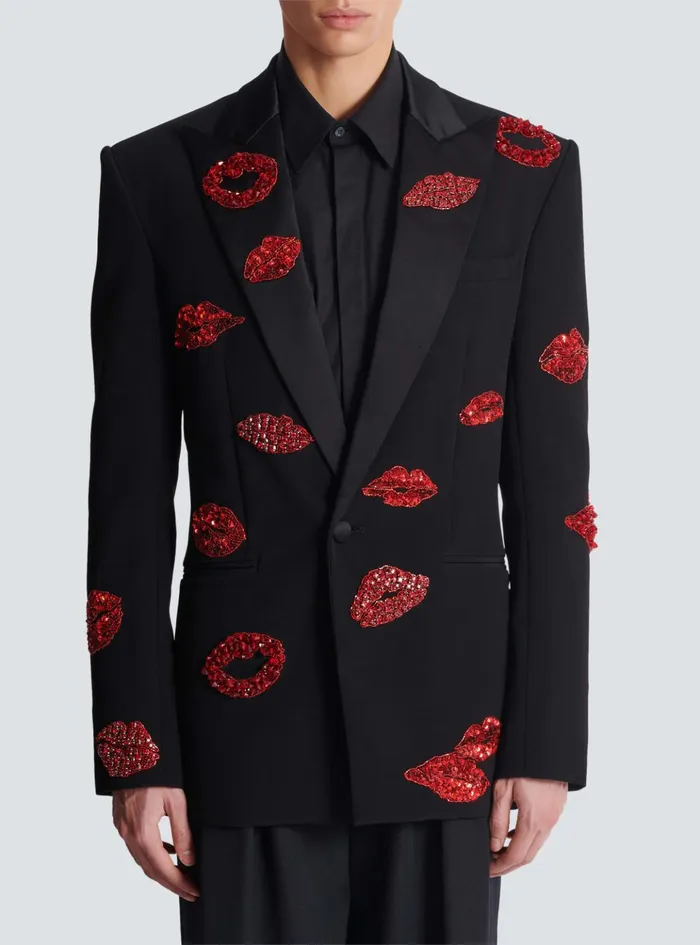 Crepe 1button Jacket With Kiss Embroidery Black Men Balmain Jackets And Blazers