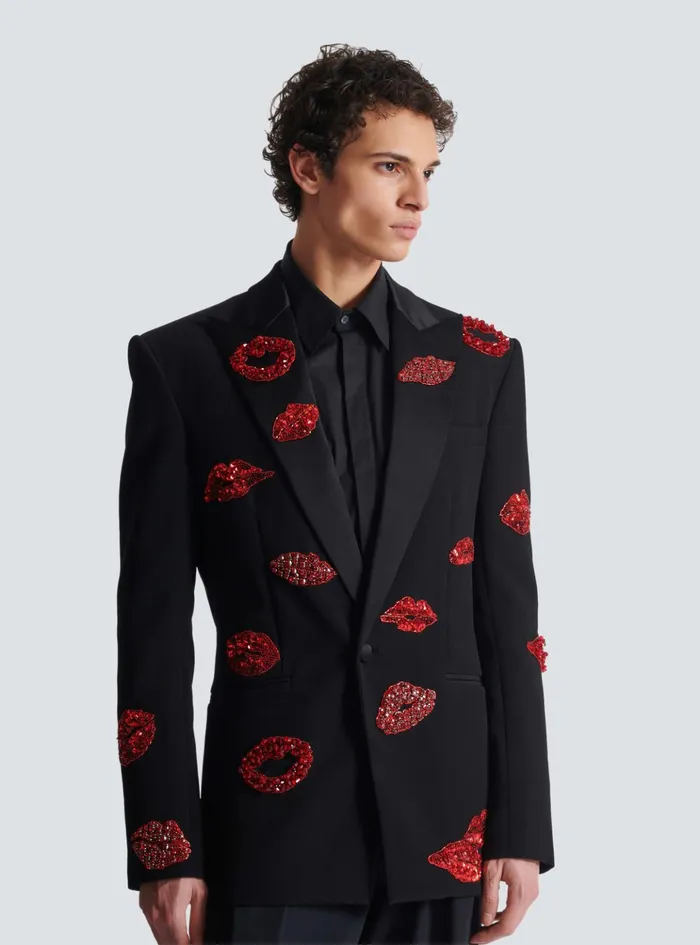 Crepe 1button Jacket With Kiss Embroidery Black Men Balmain Jackets And Blazers