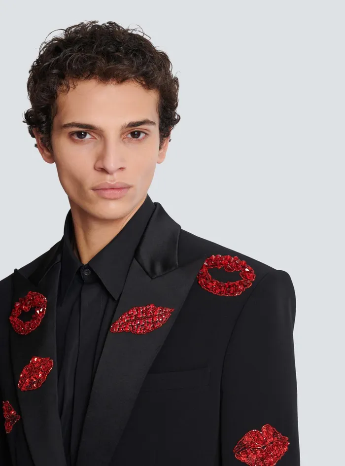 Crepe 1button Jacket With Kiss Embroidery Black Men Balmain Jackets And Blazers