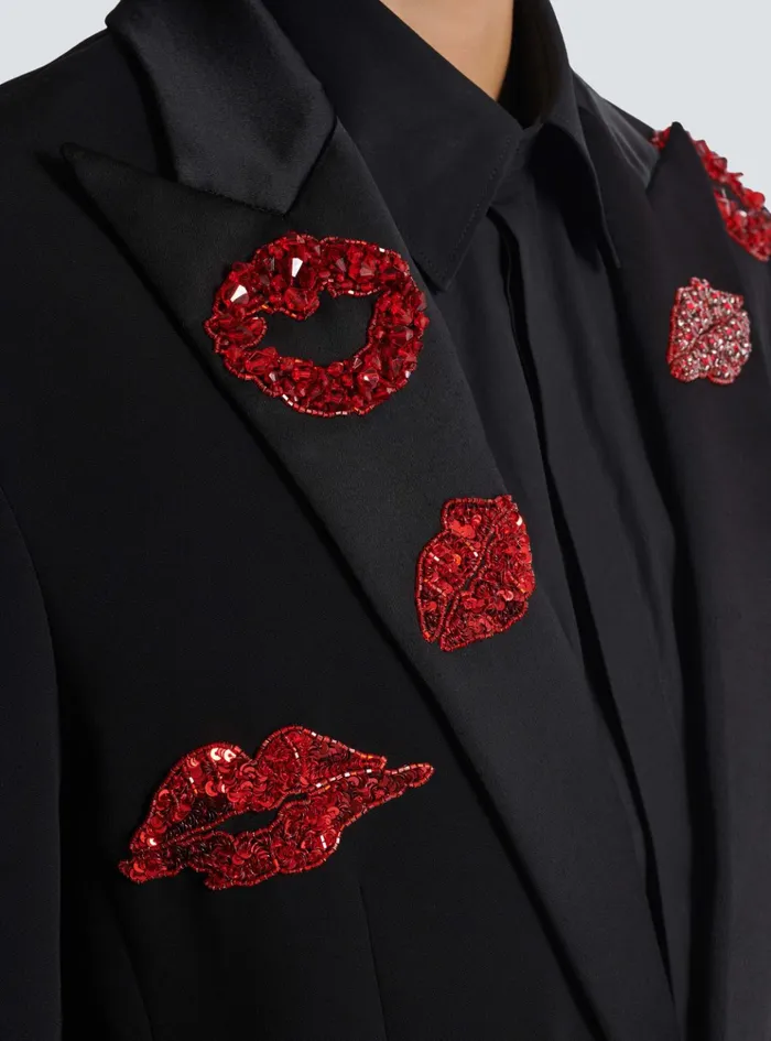 Crepe 1button Jacket With Kiss Embroidery Black Men Balmain Jackets And Blazers