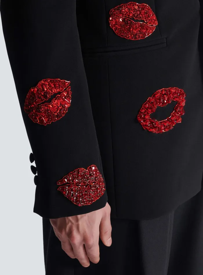 Crepe 1button Jacket With Kiss Embroidery Black Men Balmain Jackets And Blazers