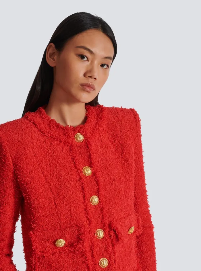 Cropped Tweed Jacket Red Women Balmain Jackets And Blazers