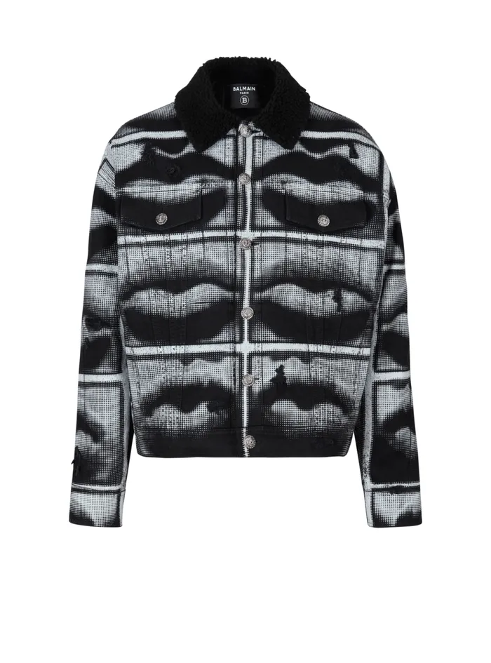 Denim Jacket With Lips Print Black Men Balmain Outerwear