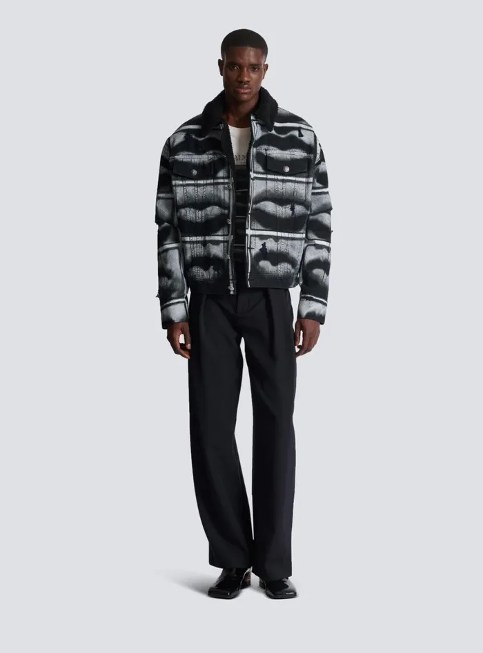 Denim Jacket With Lips Print Black Men Balmain Outerwear