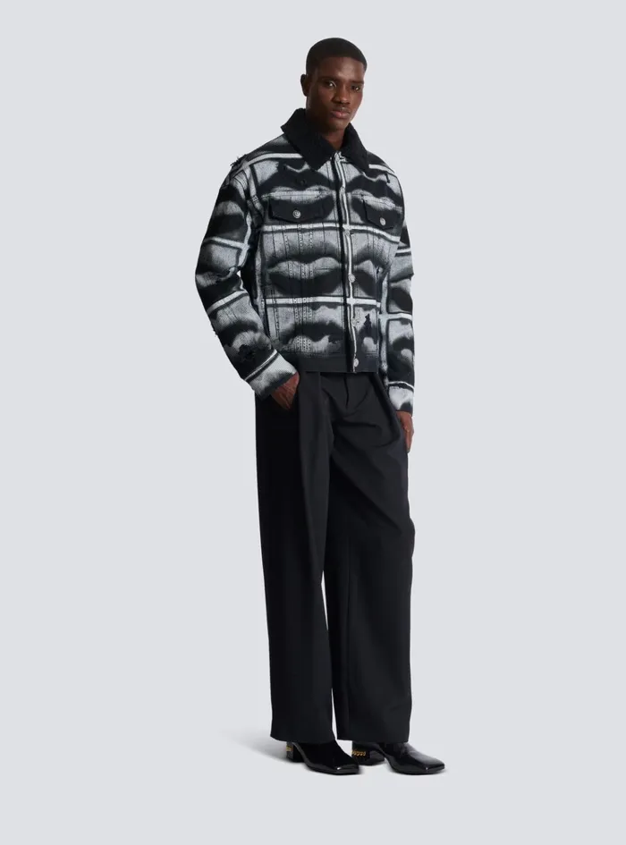 Denim Jacket With Lips Print Black Men Balmain Outerwear