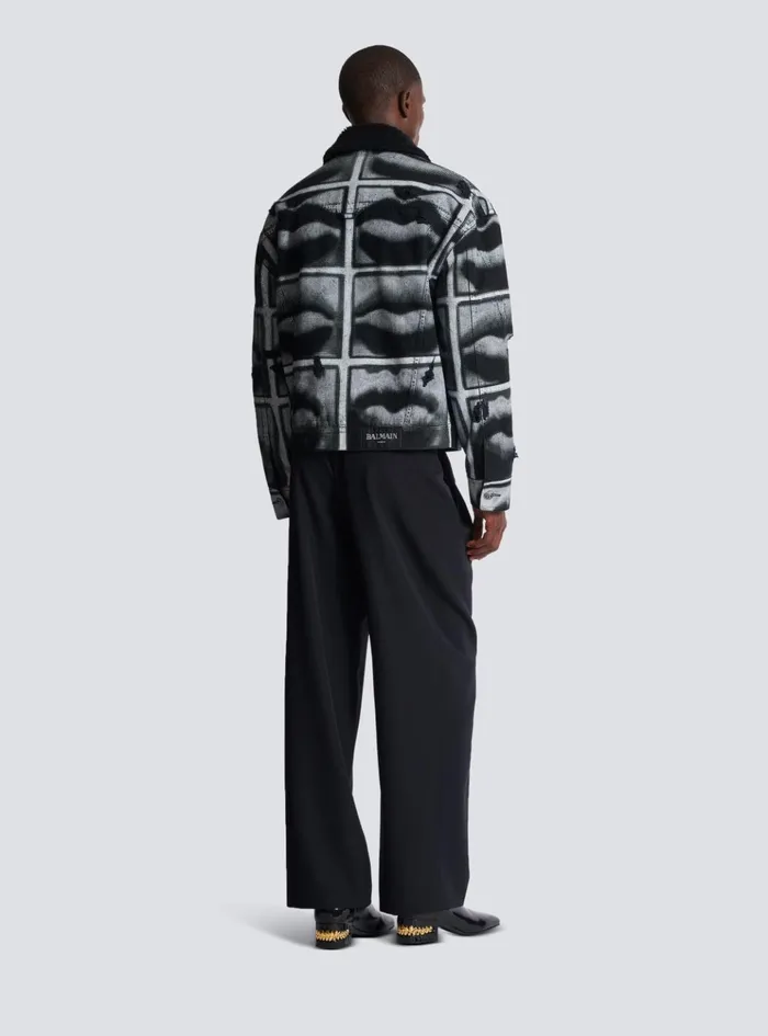 Denim Jacket With Lips Print Black Men Balmain Outerwear