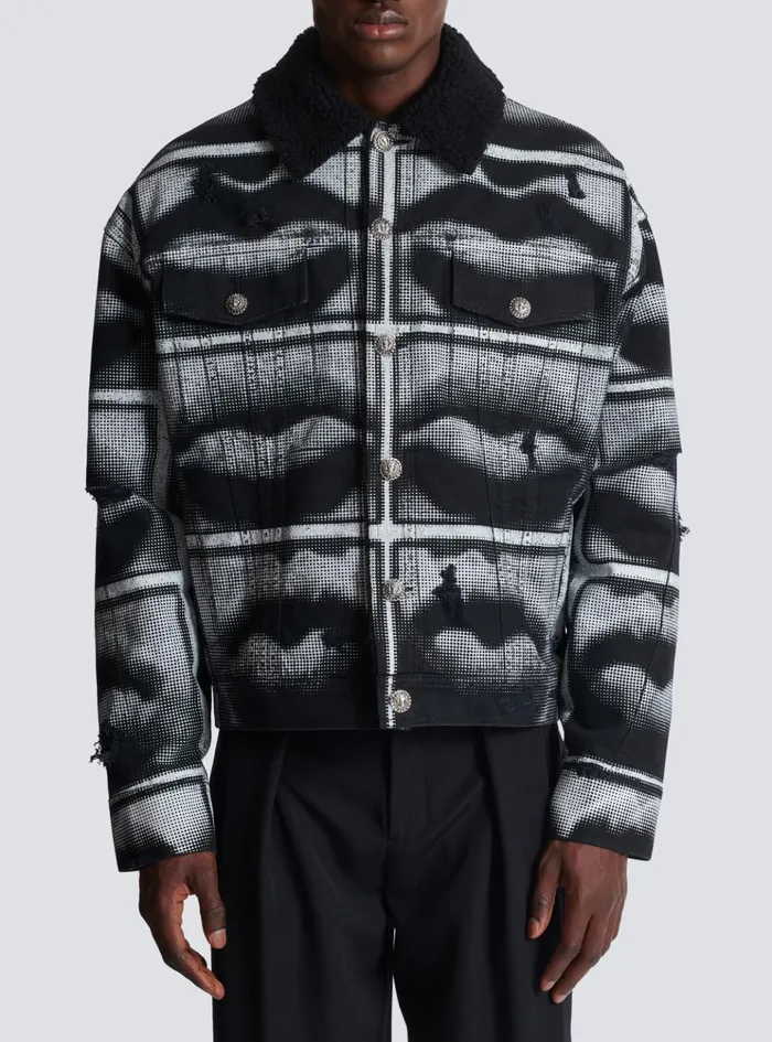 Denim Jacket With Lips Print Black Men Balmain Outerwear