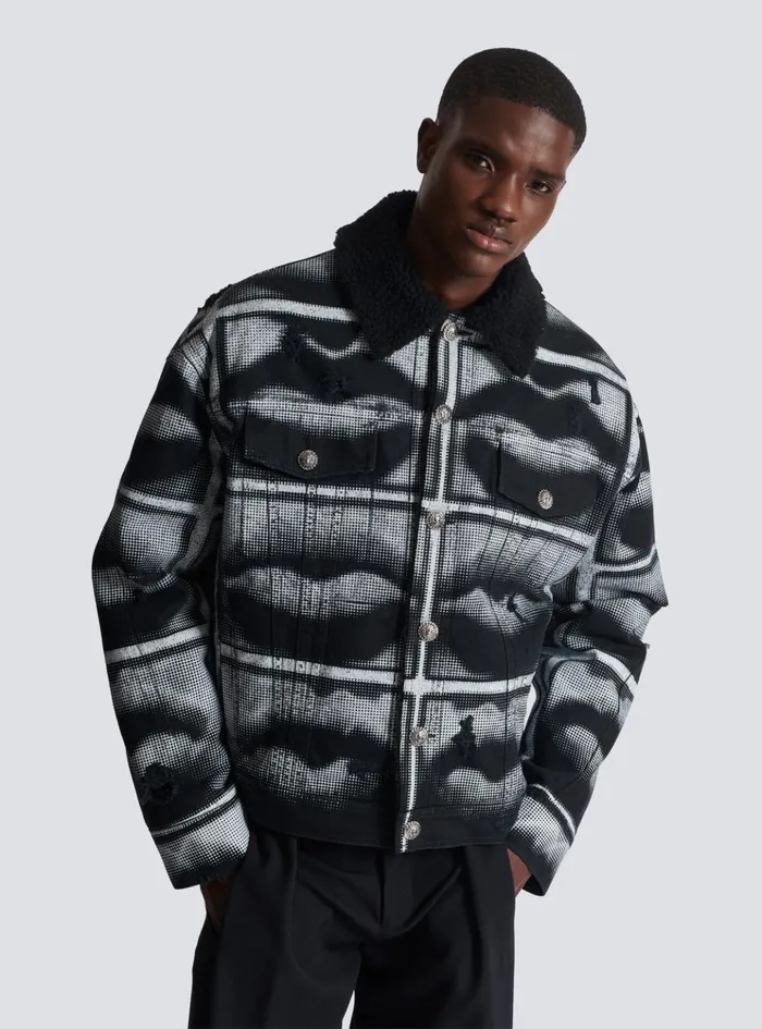 Denim Jacket With Lips Print Black Men Balmain Outerwear