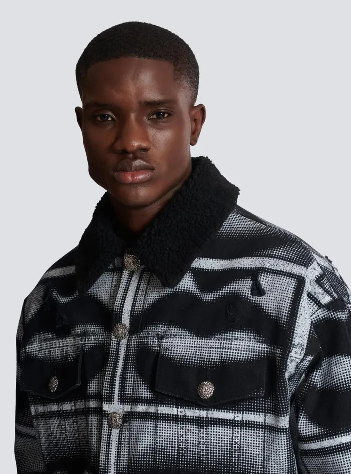 Denim Jacket With Lips Print Black Men Balmain Outerwear