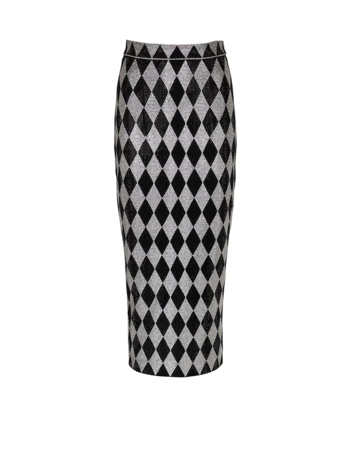 Diamond Rhinestone Midi Skirt Black Women Balmain Skirts