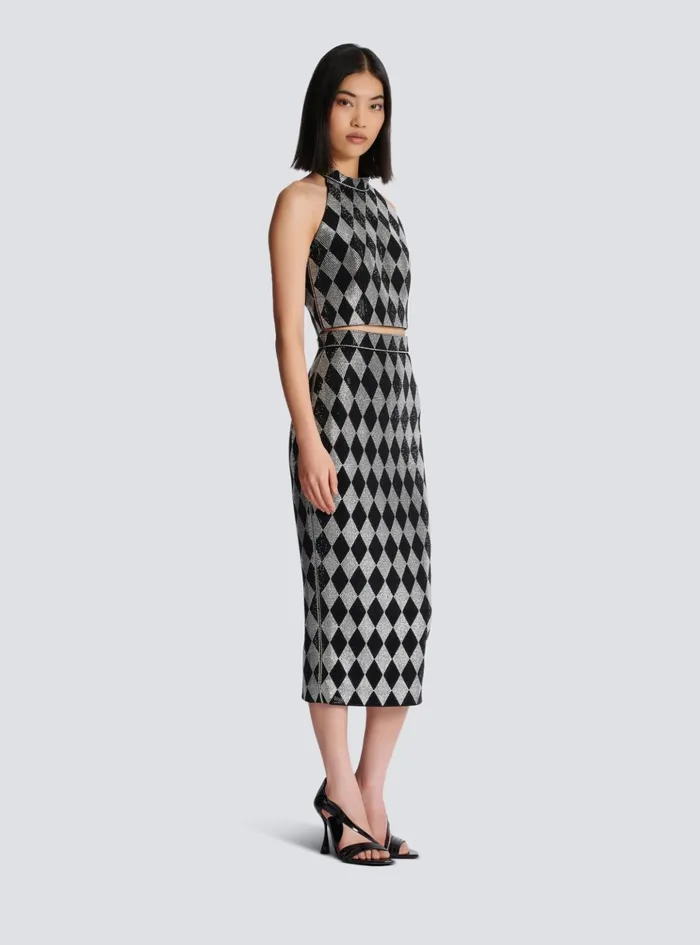 Diamond Rhinestone Midi Skirt Black Women Balmain Skirts
