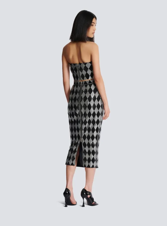 Diamond Rhinestone Midi Skirt Black Women Balmain Skirts
