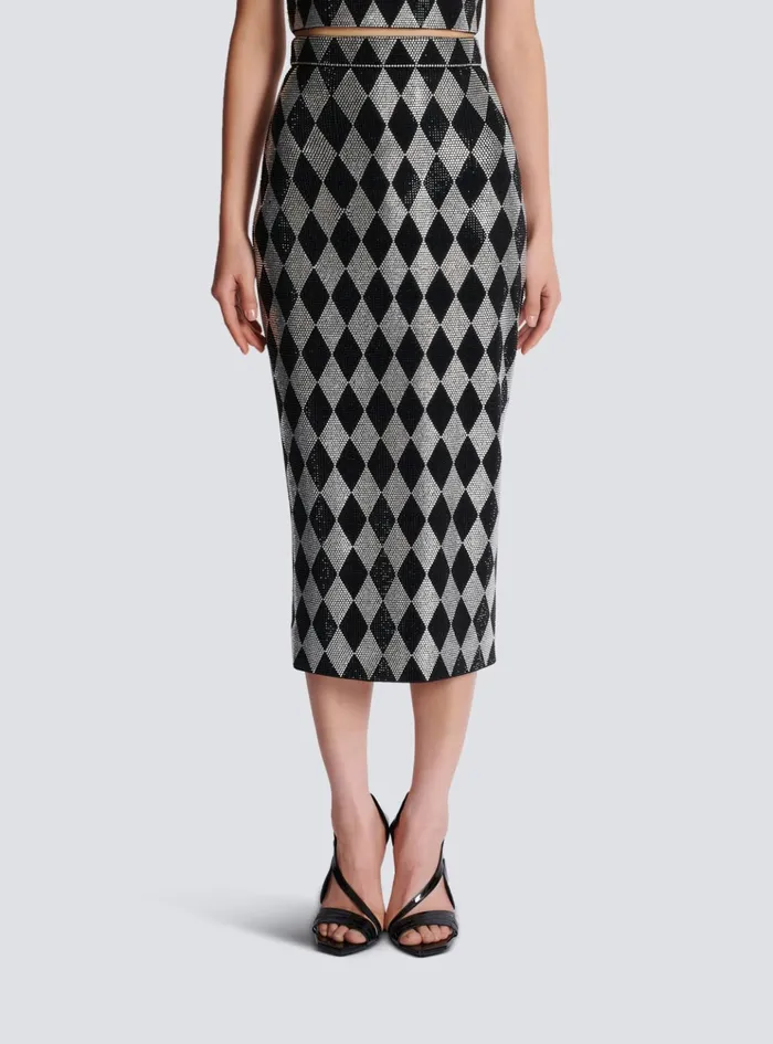Diamond Rhinestone Midi Skirt Black Women Balmain Skirts