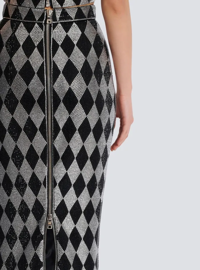 Diamond Rhinestone Midi Skirt Black Women Balmain Skirts