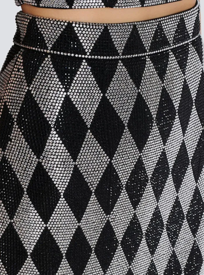 Diamond Rhinestone Midi Skirt Black Women Balmain Skirts