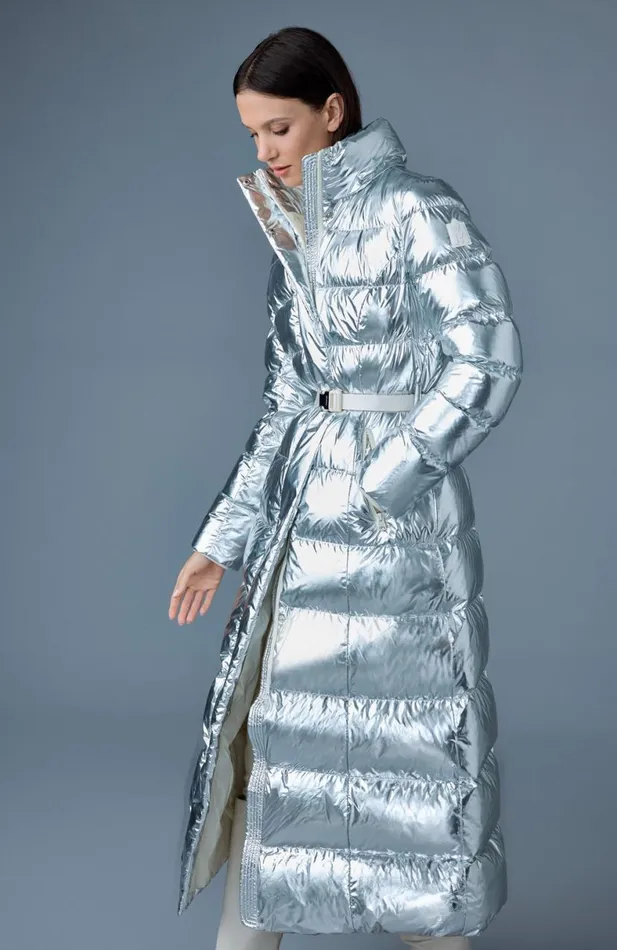 Downs and Jackets Women Mackage CALINAM Metallic Laminate Down Maxi Coat Silver