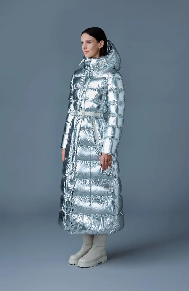Downs and Jackets Women Mackage CALINAM Metallic Laminate Down Maxi Coat Silver Downs and Jackets Women Mackage CALINAM Metallic Laminate Down Maxi Coat Silver