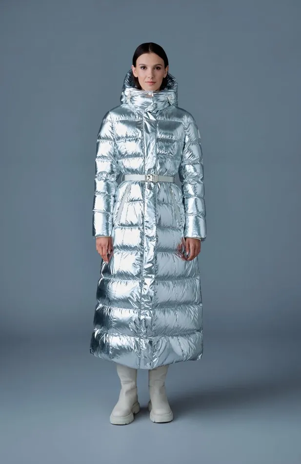 Downs and Jackets Women Mackage CALINAM Metallic Laminate Down Maxi Coat Silver Downs and Jackets Women Mackage CALINAM Metallic Laminate Down Maxi Coat Silver