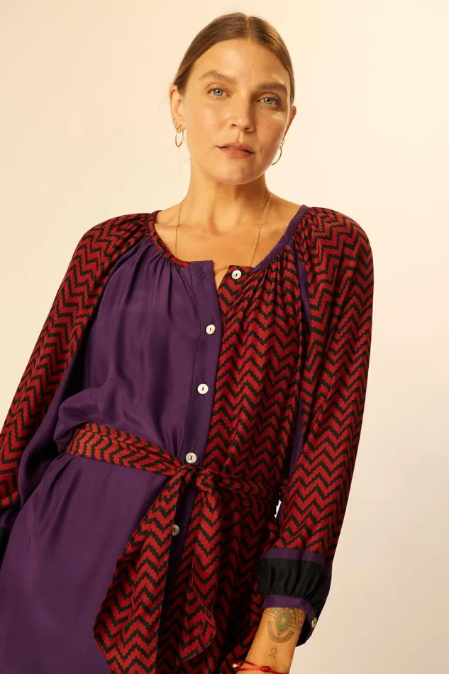 Dresses Shop Natalie Martin ALEX SHORT DRESS Block Zigzag Aubergine