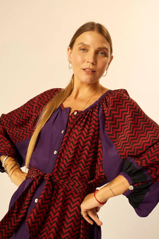 Dresses Shop Natalie Martin ALEX SHORT DRESS Block Zigzag Aubergine