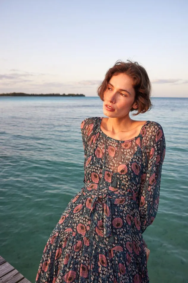 Dresses Shop Natalie Martin LAINEY DRESS WITH SASH Vintage Flowers Indigo