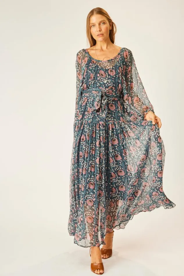 Dresses Shop Natalie Martin LAINEY DRESS WITH SASH Vintage Flowers Indigo