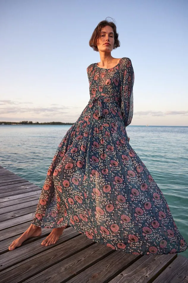 Dresses Shop Natalie Martin LAINEY DRESS WITH SASH Vintage Flowers Indigo