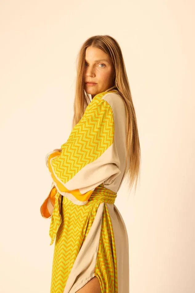 Dresses Shop Natalie Martin MARIN DRESS WITH SASH Block Zigzag Tangerine