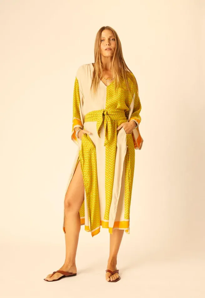 Dresses Shop Natalie Martin MARIN DRESS WITH SASH Block Zigzag Tangerine