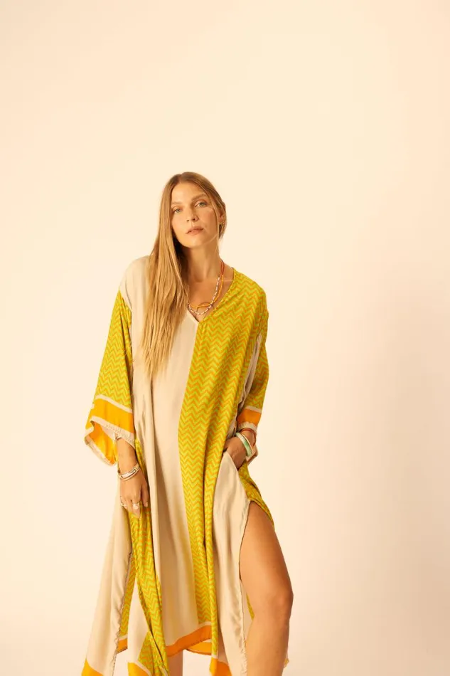 Dresses Shop Natalie Martin MARIN DRESS WITH SASH Block Zigzag Tangerine