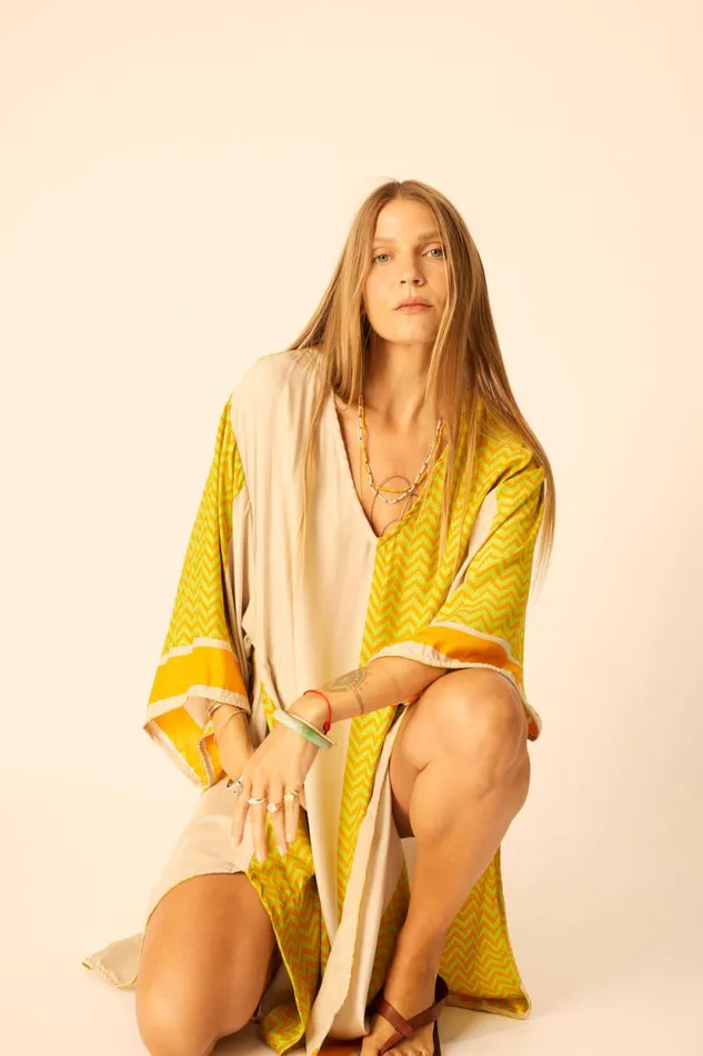 Dresses Shop Natalie Martin MARIN DRESS WITH SASH Block Zigzag Tangerine