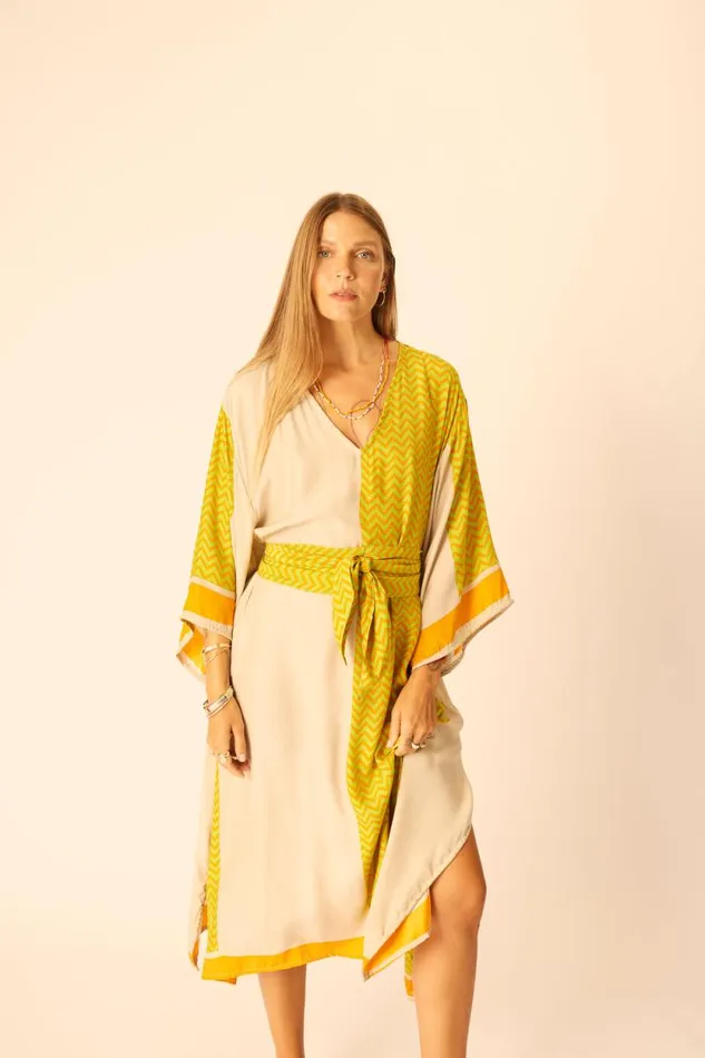 Dresses Shop Natalie Martin MARIN DRESS WITH SASH Block Zigzag Tangerine
