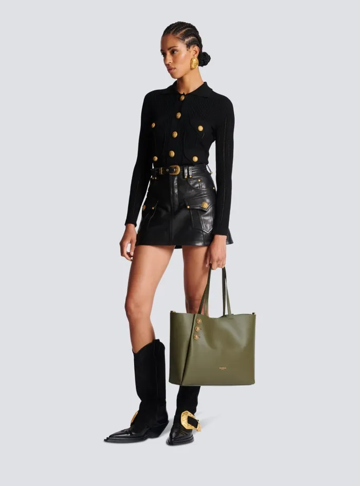 Emblegraveme Leather Tote Bag Khaki Women Balmain Shoulder Bags