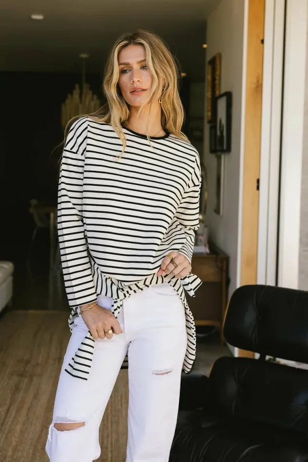 Farah Striped Top In Black Black Women Bohme Tees and Tanks