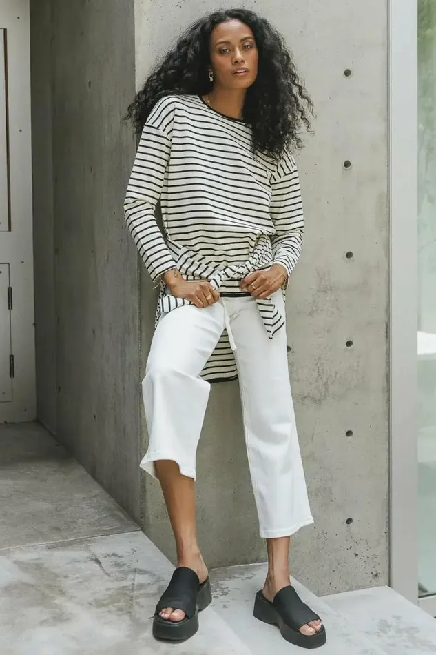 Farah Striped Top In Black Black Women Bohme Tees and Tanks