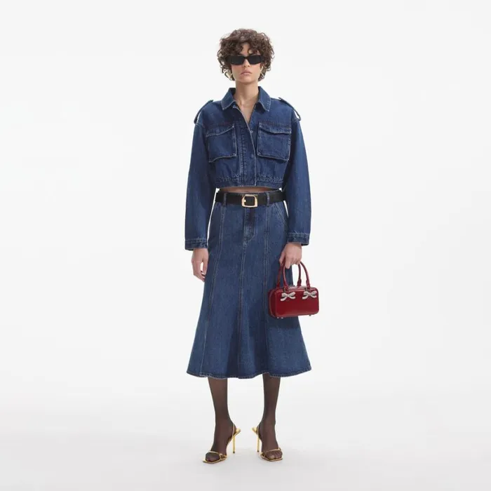 Flared Denim Midi Skirt Women Self Portrait Denim