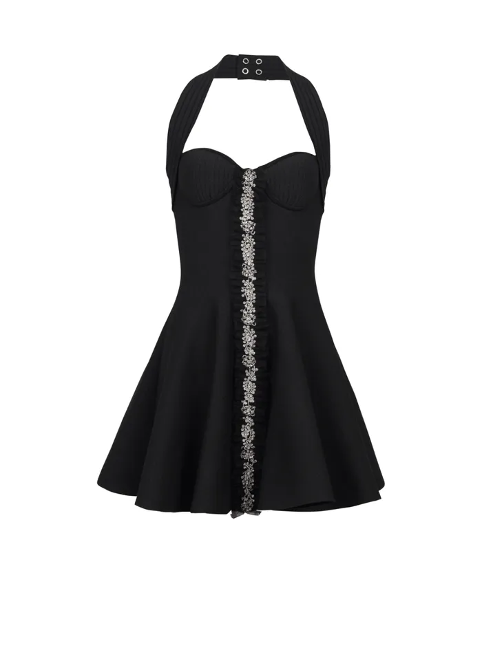 Flared Halterneck Knit Dress Black Women Balmain Dresses