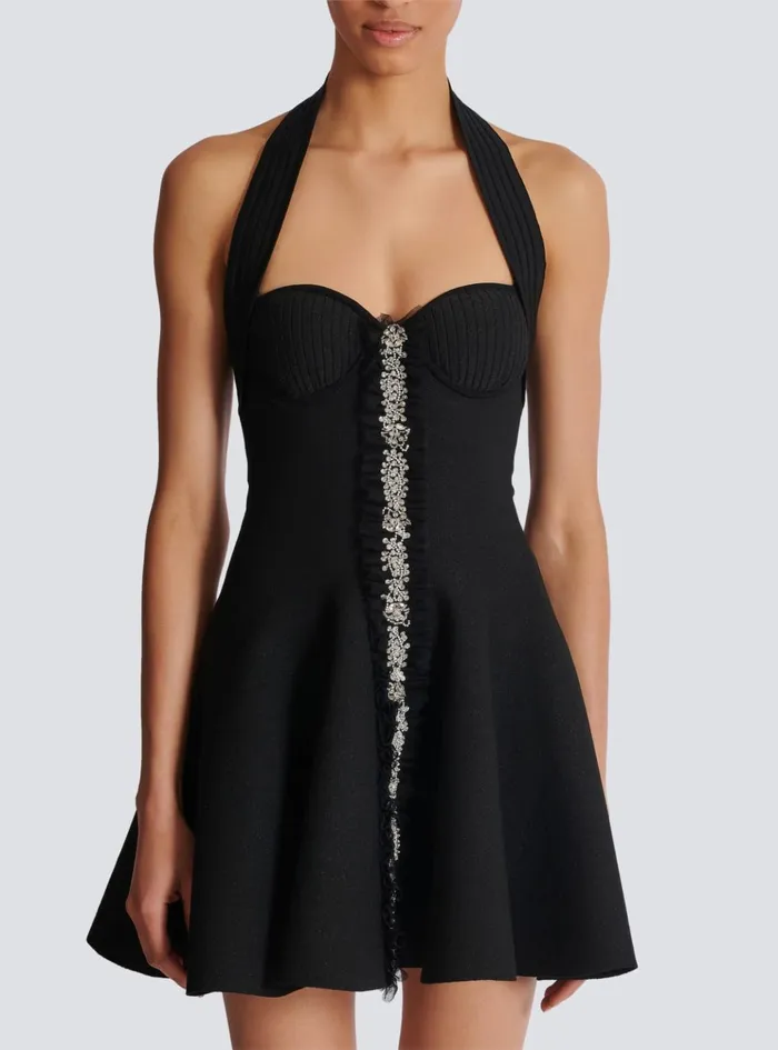Flared Halterneck Knit Dress Black Women Balmain Dresses