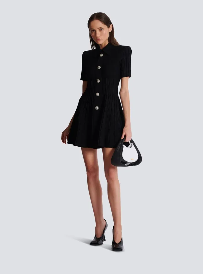Flared Knit Dress With Buttons Black Women Balmain Dresses
