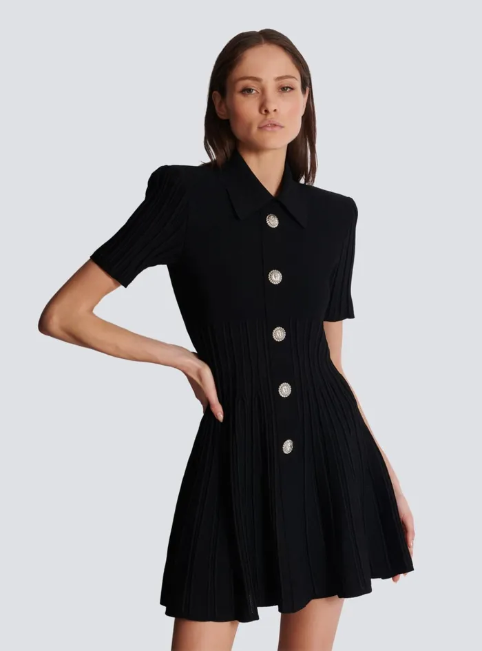 Flared Knit Dress With Buttons Black Women Balmain Dresses