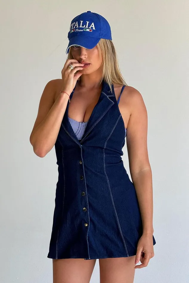 Frankies Bikinis Dresses Women Moonlight Denim Halter Dress Blue Denim