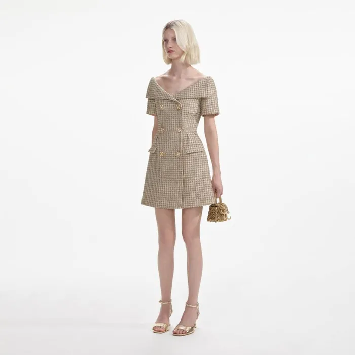 Gold Boucle Open Neck Mini Dress Women Self Portrait Dresses