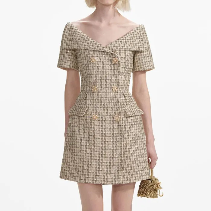 Gold Boucle Open Neck Mini Dress Women Self Portrait Dresses
