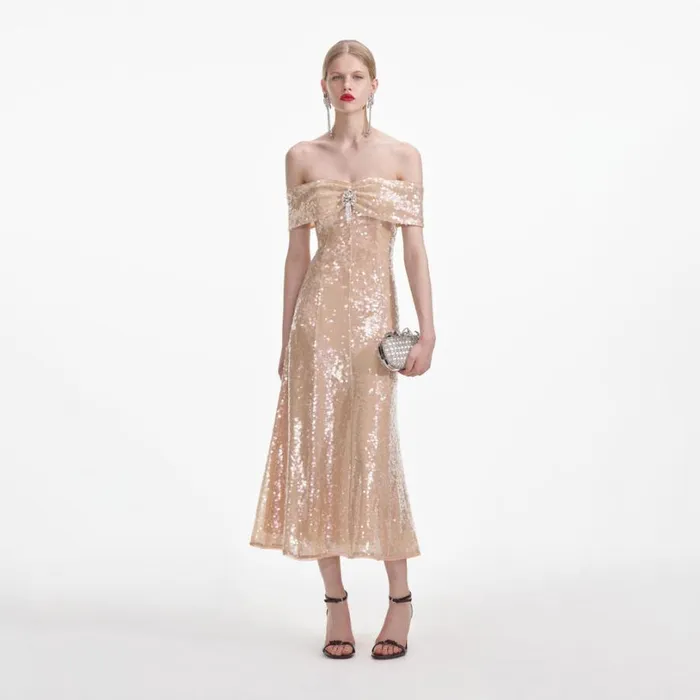 Gold Sequin Off Shoulder Midi Dress Women Self Portrait Dresses