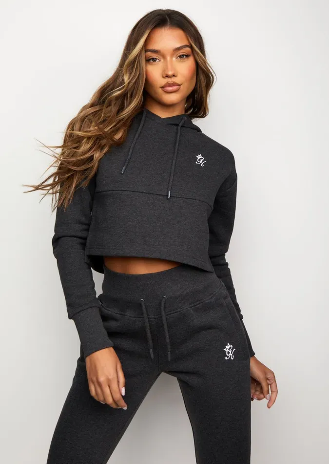 Gym King Sweatshirts and Hoodies Women Sky Fleece Crop Hoodie 8211 Charcoal MarlWhite