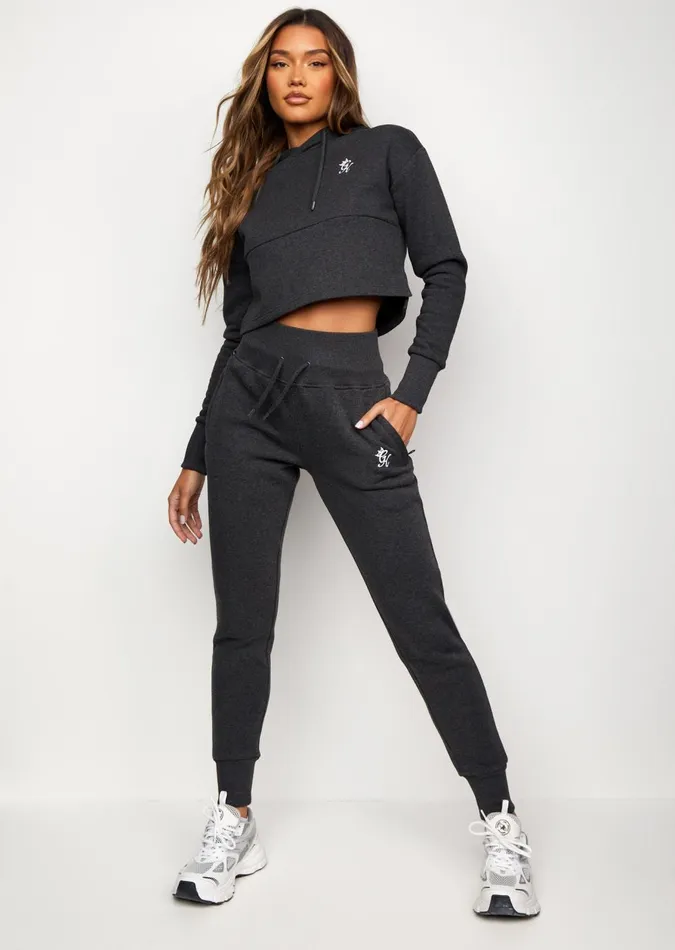 Gym King Sweatshirts and Hoodies Women Sky Fleece Crop Hoodie 8211 Charcoal MarlWhite