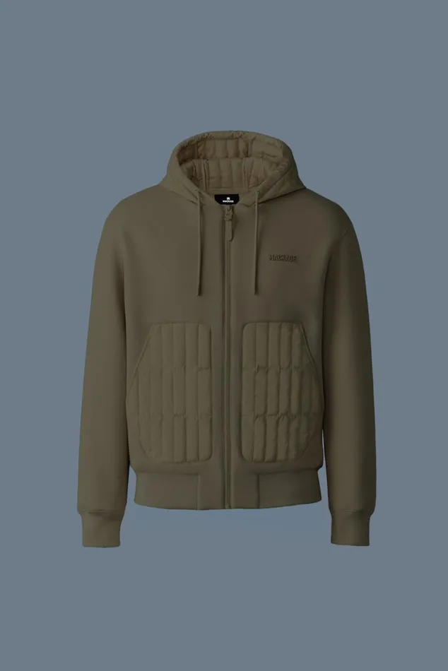 Hoodies and Tops Men Mackage CRUZ Zipup Hybrid Vertical Quilt Hoodie Light Military Hoodies and Tops Men Mackage CRUZ Zipup Hybrid Vertical Quilt Hoodie Light Military