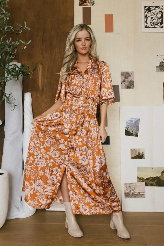 Jaslyn Floral Midi Dress In Camel Camel Women Bohme Dresses