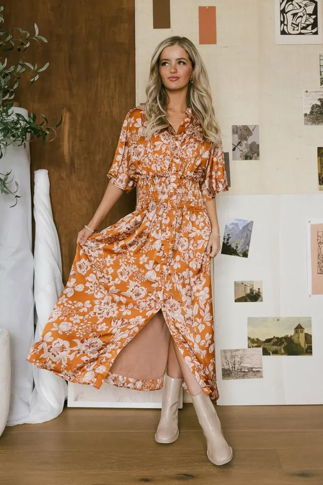 Jaslyn Floral Midi Dress In Camel Camel Women Bohme Dresses